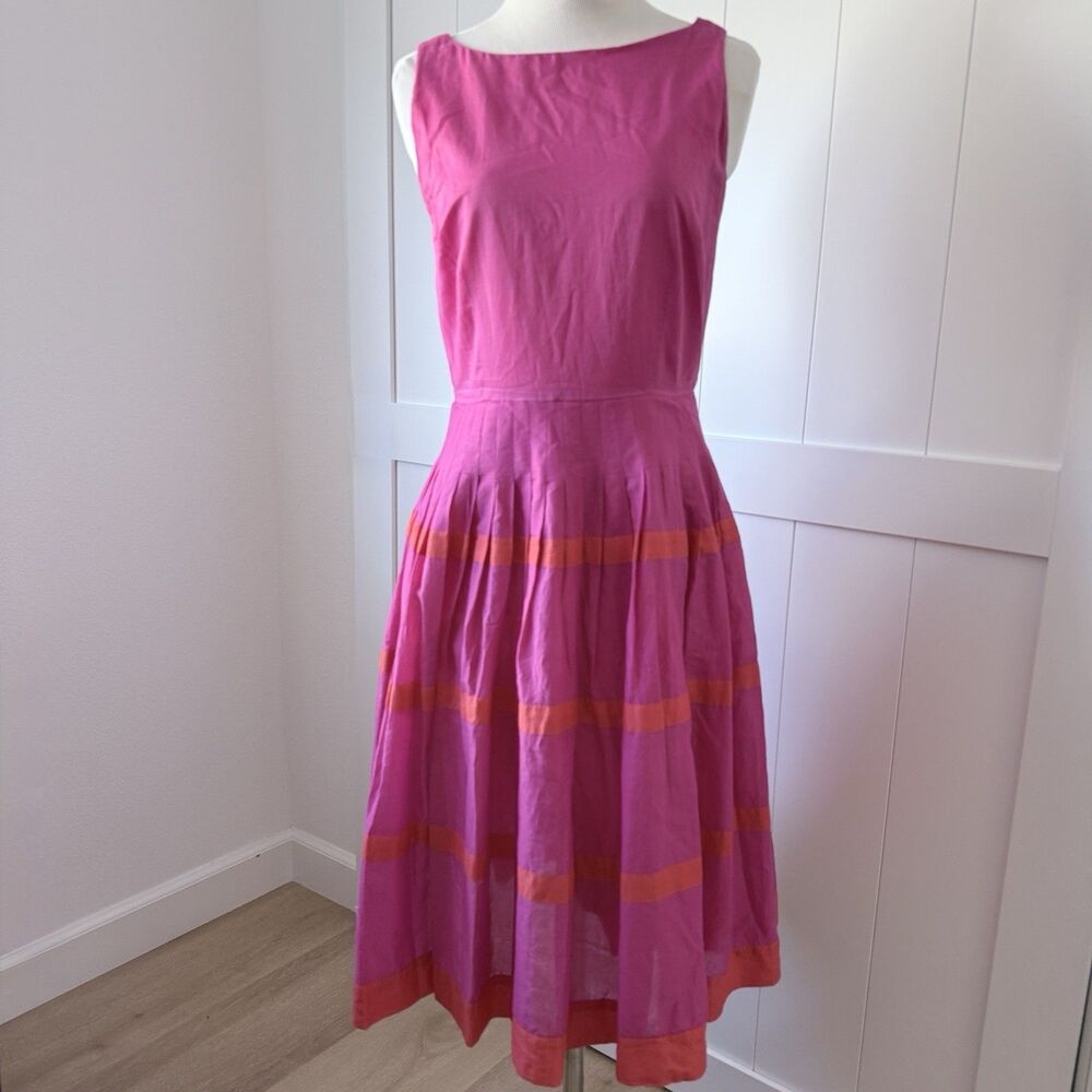 Talbots Fit & Flare Midi Dress 4 Pink Orange Striped Preppy Wedding Vogue Oprah - Picture 3 of 15